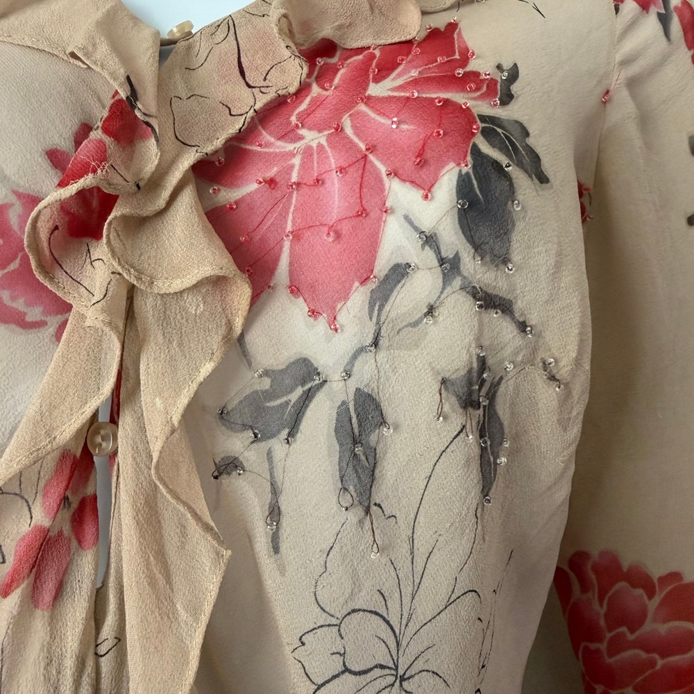 Y2K Euro Floral Beaded 100% Silk Ruffle Sheer Top Vision Apparel Tan Red Medium - Picture 9 of 11